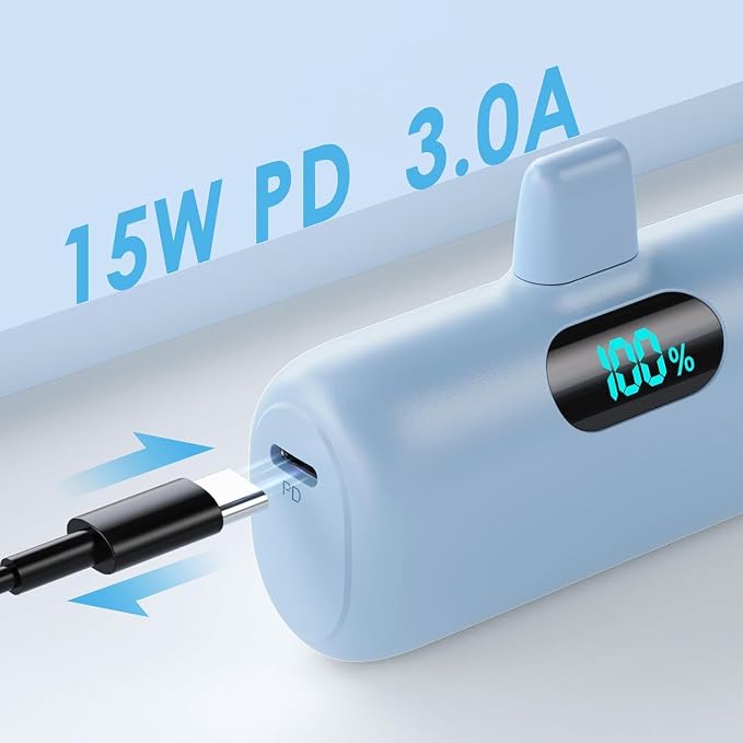 Small Portable Charger for iPhone,Upgraded 5000mAh PD Fast Charging Power Bank,Mini Plug-in Battery Pack Backup Charger Compatible with iPhone 14/14 Pro Max/13/13 Pro/12 Pro/11/XS/XR/X/8/7-Light Blue