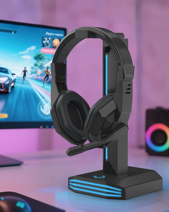 FINTIE RGB Headphone Stand, Gaming Controller Holder for Desk with 9 Lighting Modes, USB/Type-C Charging Ports, Headset Stand Earphone Hanger Accessories for Desktop