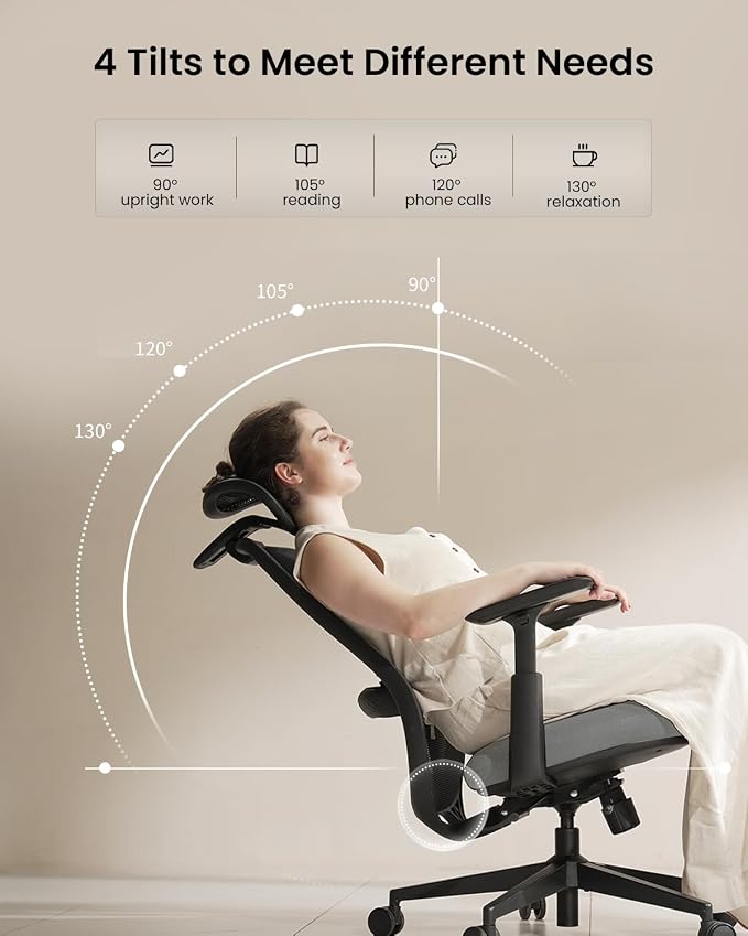 ProtoArc EC200 Ergonomic Office Chair – High-Back Mesh Computer Chair with Lumbar Support, Adjustable Seat Depth & 3D Headrest Ergo Desk Chairs for Work from Home, 8+ Hours Comfort – Light Grey