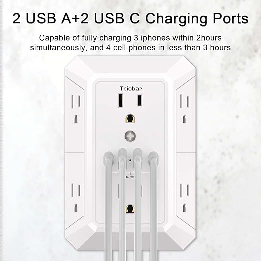 Multi Plug Wall Outlet Surge Protector - Teiobar Outlet Extender with 6 Outlets and 4 USB Ports(2 USB-C), Outlet Splitter for Home Office Dorm Room Essentials, ETL, White