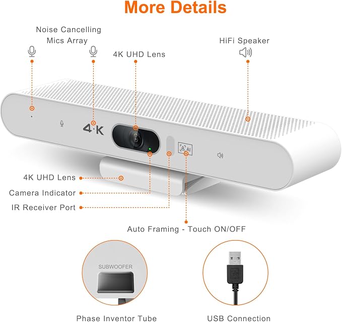 4K Video Conference Room Camera System with Remote Control, AI Auto Framing&Focus, Speaking Tracking, Digital Zoom, Webcam with Microphone and Speaker for Windows TV/PC/Laptop/Zoom/Teams/Skype