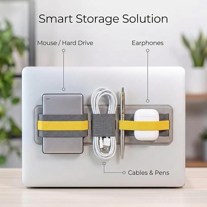 3-Pocket Adhesive Hard Drive Holder for Laptop, Mouse Holder for Laptop, SSD, USB Drive, Mouse, Cables (Yellow)