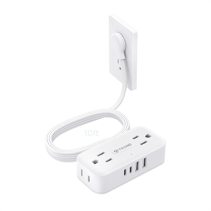 TROND Flat Plug Power Strip 10FT, Small Flat Extension Cord with Multiple Outlets, 4 AC and 4 USB Ports (2 USB C), Wall Mount Outlet Extender Adapter for Home Office Travel Dorm Room Essentials, White