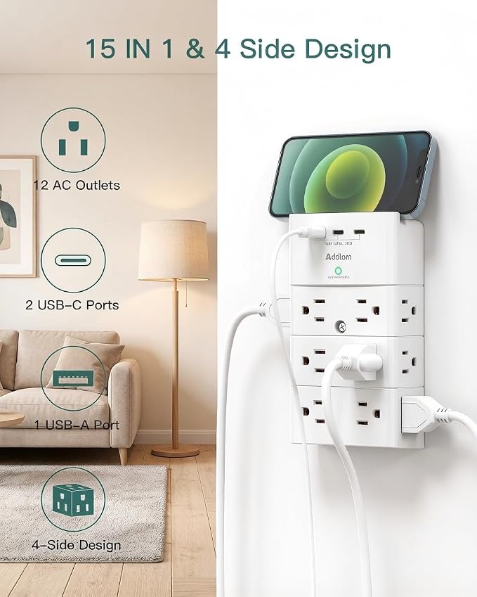 Addtam Multi Plug Wall Outlet, Surge Protector Wall Mount with 12 Outlet Extender 4 Sides and 3 USB Ports (2 USB-C), Outlet Splitter Power Strip for Home Office Dorm Room Essentials, White
