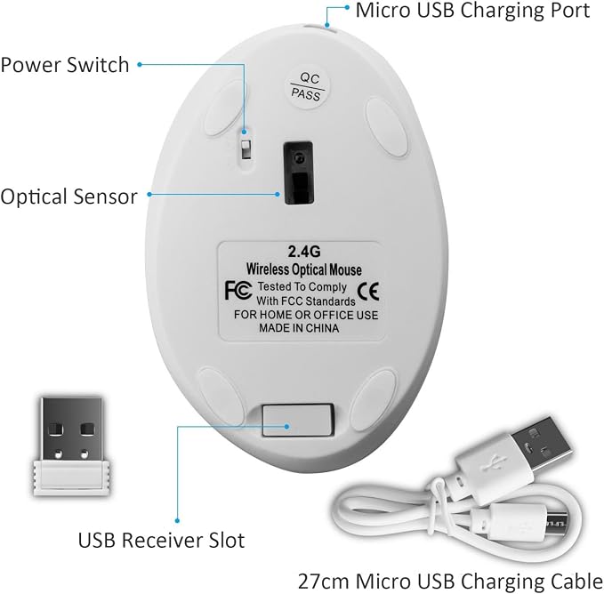 Thanice Vertical Wireless Mouse,2.4G Rechargeable Ergonomic High Precision Optical Silent Cordless Computer Mice with 6 Buttons, 3-DPI Adjustable, USB Receiver for Laptop PC Mac Notebook(White)