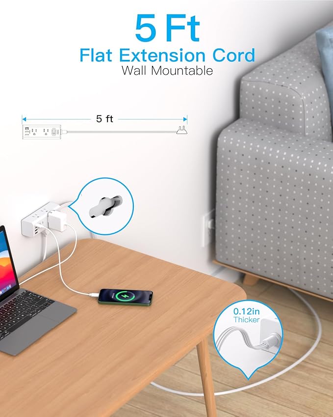 5Ft Extension Cord with Multiple Outlets, Flat Plug Power Strip Surge Protector with 5 Ft Long Cord, 6 Outlet 4 USB Ports (2 USB C), Multi Outlet Wall Plug for Travel, College, Dorm Room Essentials