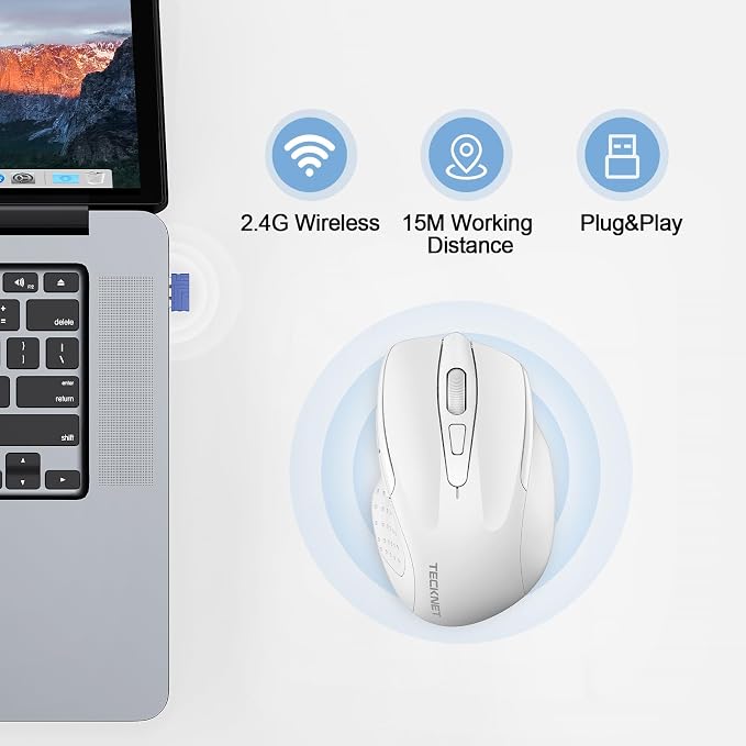 TECKNET Wireless Mouse Rechargeable, 2.4G USB-A Silent Mouse, Quiet Click, 6 Adjustable 4800 DPI, Cordless Computer Mice, Ergonomic Mice for Laptop, 6 Buttons for Chromebook, Ergo Grip - White