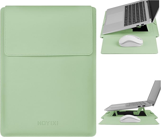 HoYiXi 15.6" Laptop Sleeve Case PU Leather with Stand Compatible with MacBook Pro 16/15.4'' MacBook Pro 15, Mac Air 15/ Dell, Matebook,Asus,15-16'' Laptop Bag,(Patent Pending),Green