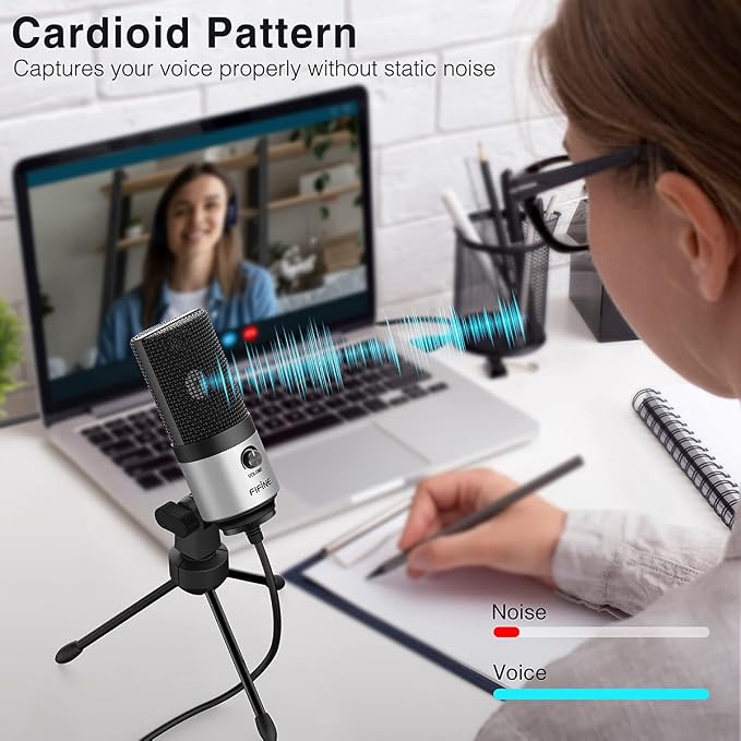 FIFINE USB Microphone for Zoom Video Meeting Online Class on PC Computer, Metal Condenser Desktop Mic with Gain Control for Windows and Mac, Silver - K669S