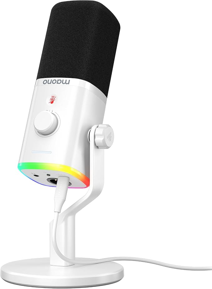 MAONO USB/XLR Podcasting Microphone for PC, Gaming Streaming Dynamic Mic with Mute Button, RGB, Desktop Stand,Computer Mic for Video Studio Recording-PD100X,White