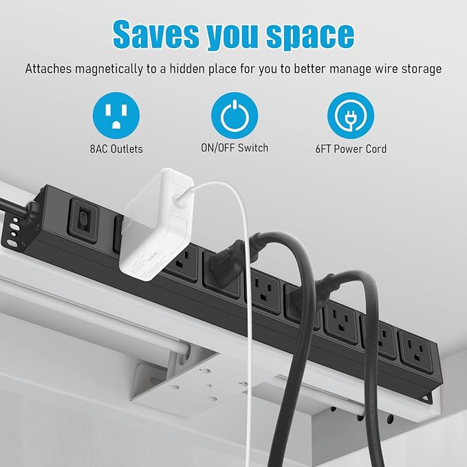 HHSOET 2 Pack Magnetic Mount Power Strip, 8 Outlet Mountable Socket, Metal Heavy Duty Surge Protector, Gaming Table Outlet, Easy to Fix Without Drilling or Taping, 6FT Extension Cord.(Black)