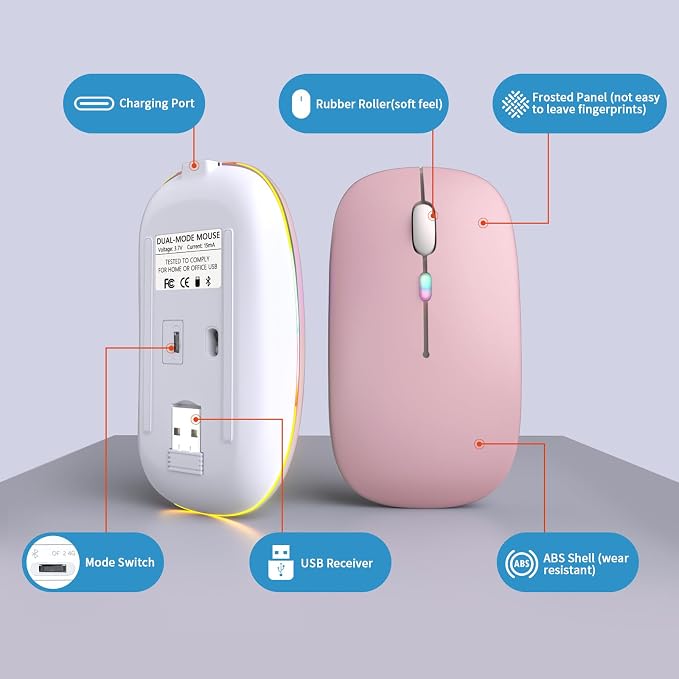 Wireless Bluetooth Mouse, Rechargeable, LED, Silent, Ultra-thin Design (Bluetooth 5.2 and 2.4GHz USB Receiver) | Portable Computer Mouse for Laptops, iPads, MacBooks and Apple Devices (Pink)
