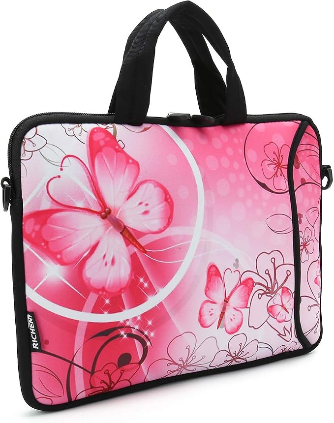 RICHEN 14 15 15.4 15.6 inch Laptop shoulder bag Notebook Handle Sleeve Neoprene Soft Carrying Travel Case with Accessories pocket (14-15.6 inch, Pink Butterfly)