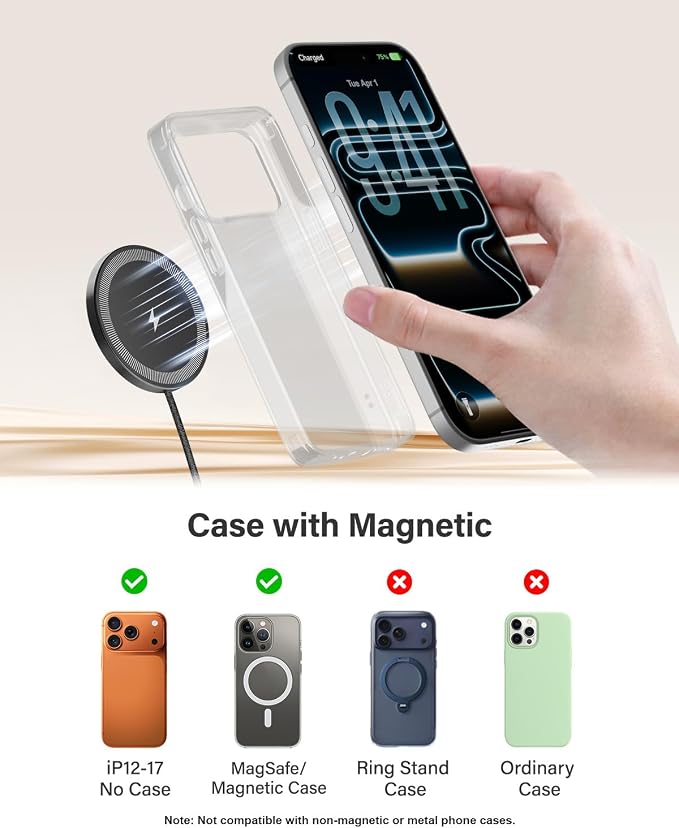 6FT Magnetic Wireless Charger Charging Pad - 15W Qi Fast Phone Charger Puck for Apple iPhone 17 16 15 14 13 12 Series & AirPods 4 3 2 Pro, Phone Charging Pad with Plug for Desk & Travel, 2Pack Black