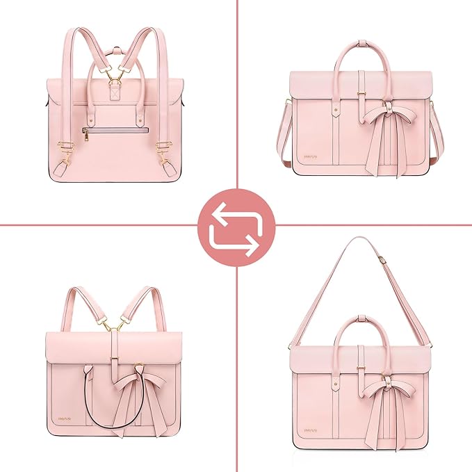 MOSISO Laptop Bag for Women, 15-15.6 inch PU Leather Laptop Shoulder Bags Convertible Backpack, 16 inch Messenger Bags Casual Handbag Work Briefcase Travel Computer Bag with Bowknot, Pink