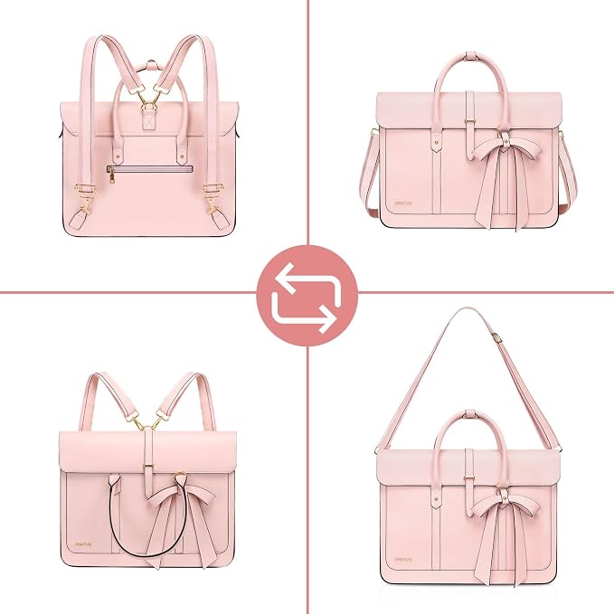 MOSISO Laptop Bag for Women, 17 inch PU Leather Laptop Shoulder Bags Convertible Backpack, 17.3 inch Messenger Bags Casual Handbag Work Briefcase Travel Computer Bag with Bowknot, Pink