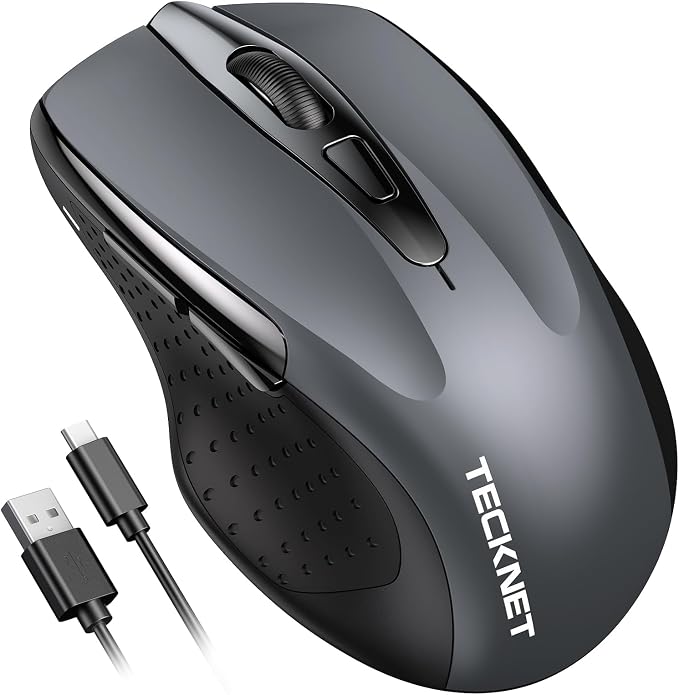 TECKNET Wireless Mouse Rechargeable, 2.4G USB-A Silent Mouse, Quiet Click, 6 Adjustable 4800 DPI, Cordless Computer Mice, Ergonomic Mice for Laptop, 6 Buttons for Chromebook, Ergo Grip - Grey