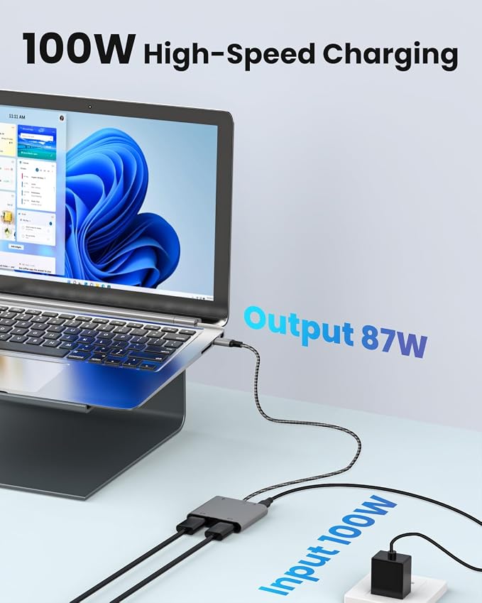 USB C to Dual HDTV Adapter, Grey 19.7in Braided Cable with 4K@60Hz with 100W PD, USB-A, Support C to 2 HD Splitter Extended Display for Type C Devices (MacOS only Mirrors Same Screen)