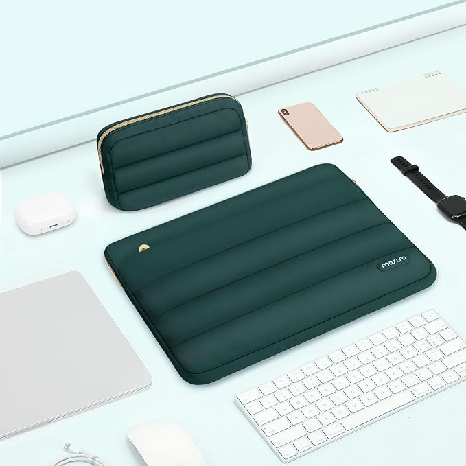 MOSISO Laptop Case 13.3 inch,13-13.3 inch Puffy Laptop Sleeve Compatible with MacBook Air 13.6 M5 M4 M3 M2 M1/Neo/Pro 13/14,HP Dell ASUS Lenovo,Polyester Horizontal Bag with Small Case,Peacock Green