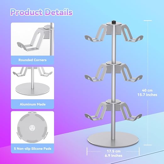 Controller Stand Compatible with Xbox PS5 PS4 Nintendo Switch Pro, 3 Tier Aluminum Gaming Headset Stand, Rotatable Headphone Controller Holder Organizer Rack, Universal & Large Capacity, Silver