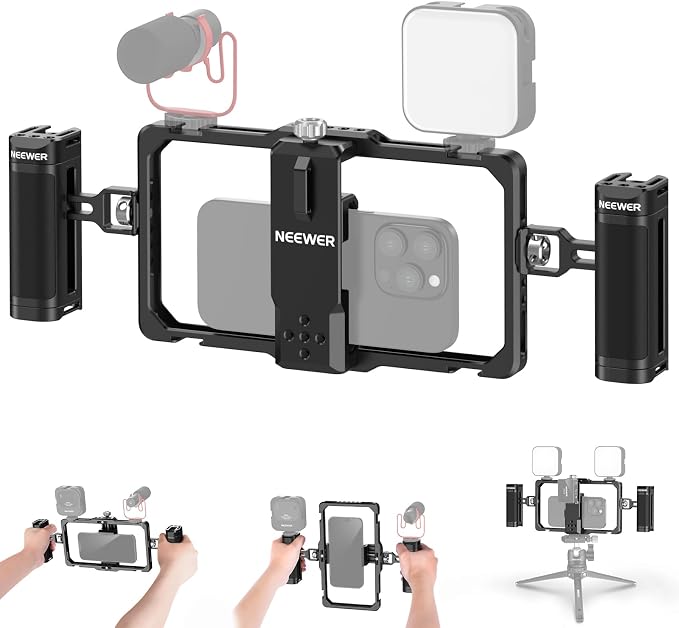 NEEWER Upgraded Phone Rig Vlogging Kit, Video Stabilizer with Dual Handle, Wireless Mic Clip Slot for TikTok YouTube, Compatible with SmallRig iPhone 17 Pro Max 16 16e 15 Galaxy S25 Ultra, PA009