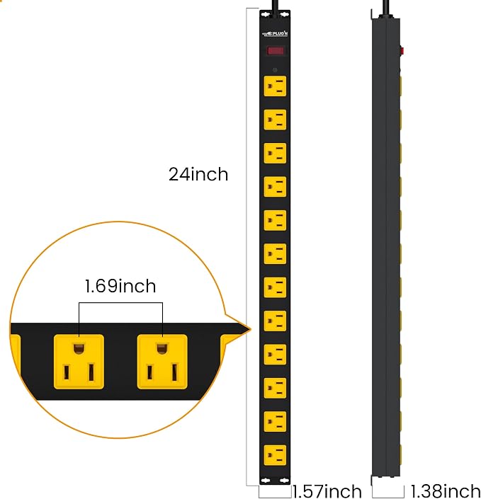 12 Outlet Long Power Strip, 3FT Power Cord, 2100 Joules Surge Protector, Wide Spaced Outlet Power Bar, Overload Protection Switch, Industrial Heavy Duty for Work Bench, Shop, Garage, 2 Pack
