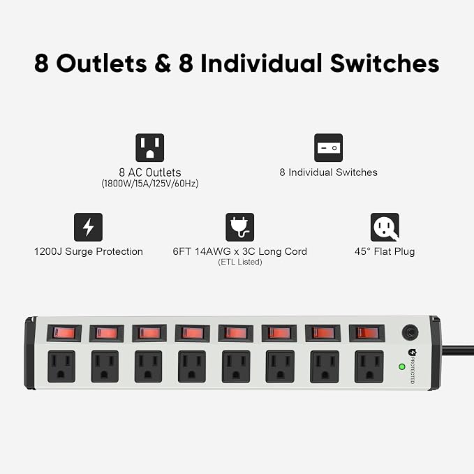 8 Outlet Metal Power Strip with Individual Switches,Heavy Duty Appliance Power Strip with Flat Plug,1200J Surge Protector,6FT Extension Cord 15A 120V 1800W for Home Office School Shop Industrial