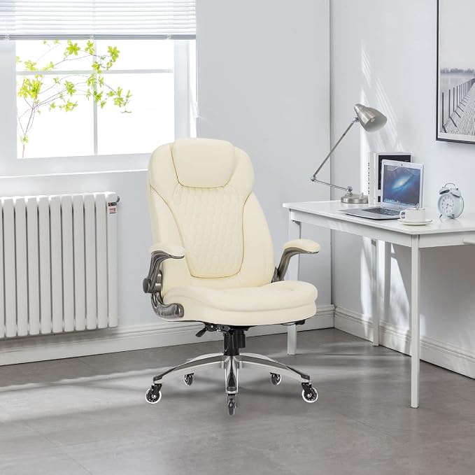 COLAMY Ivory Leather High Back Executive Office Chair Set of 2, Ergonomic Desk Chair with Flip-up Arms, Thick Cushion, Silent Nylon Wheels, Adjustable Height & Rocking Function, 300lbs Capacity