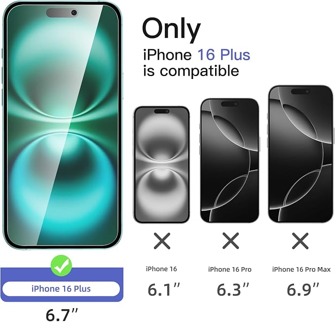 NEW'C 3x Privacy for iPhone 16 Plus Screen Protector (6.7 inches)+ 3x Camera Lens Protector, Sensor Protection, Case Friendly Tempered Glass Film + Dust Plug - Easy installation tool included