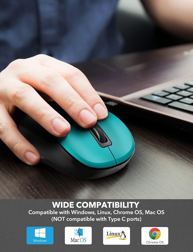 Trueque Wireless Mouse for Laptop, 2.4GHz Ergonomic Computer Mouse with Back & Forward Buttons, 3 Adjustable DPI Levels, 6 Buttons, Optical USB Cordless Mice for Windows PC, M01(Teal)