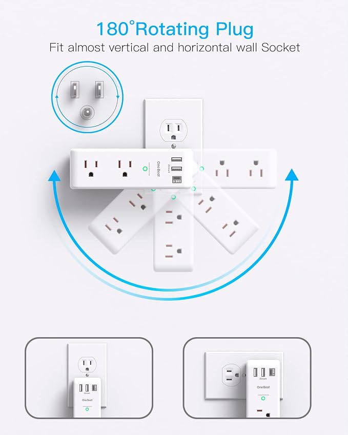 Surge Protector Outlet Extender with Rotating Plug, 6 AC Multi Plug Outlet with 3 USB Ports (1 USB C Port), 1800J Wall Charger, 3-Sided Power Adapter Outlet Splitter for Home Office, White