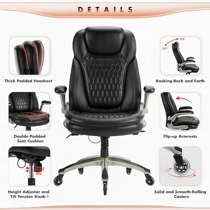 COLAMY High Back Executive Office Chairs,Ergonomic PU Leather Desk Chairs with Flip-Up Armrests, Adjustable Height, Lumbar Support,Comfortable Computer Chairs for Home Office,Set of 2