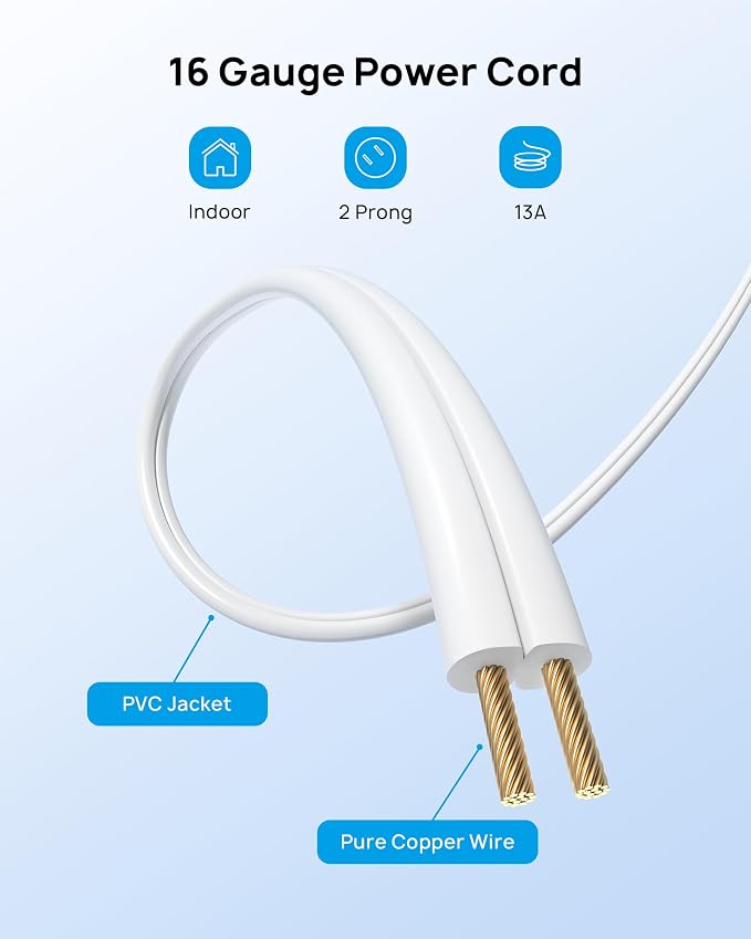 TROND Indoor 2 Prong to 3 Prong Extension Cord - Polarized Flat Plug 3 Outlet Extension 10ft, 16 Gauge Cable, 1625W for Non-Ground Socket in Old House School Home Office Kitchen Dorm Room, White