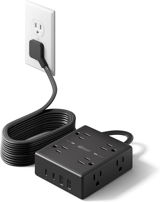 15Ft Extension Cord with Multiple Outlets, Flat Plug Power Strip Surge Protector with 15 Ft Long Cord, 8 Outlet 4 USB Ports (2 USB C), Desk Charging Station for Home Office, College Dorm Room