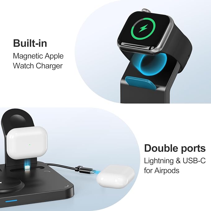 ANJANK Wireless Charging Station,5 in 1 Multiple Charger Stand with Alarm Clock,7 Night Light,Mag-Safe Charging Dock for iPhone 17 16 15 14 13 12 Pro Max Plus,Apple Watch 11/10/9/8,for Airpods,Bedroom