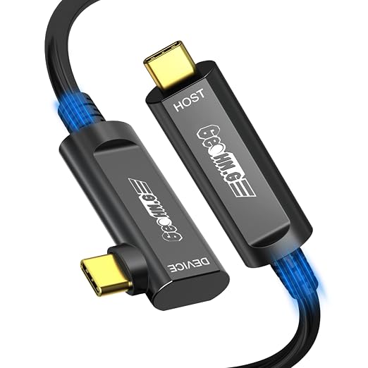 GeoHN.G USB C Fiber Optic Cable Right Angle 33FT, 10Gbps Active Optical USB 3.2 Gen2 Cable with German SiliconLine Chip, Long Distance for Machine Vision, Logitech 4K Camera, VR/AR, Video Conference