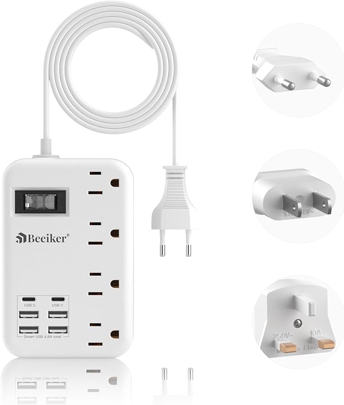 European Travel Plug Adapter, US to Europe Travel Power Strip with 6 USB(2 USB C) 4 Outlets, International Universal Travel Power Adapter with 3ft Extension Cord for EU UK France Italy Germany Cruise