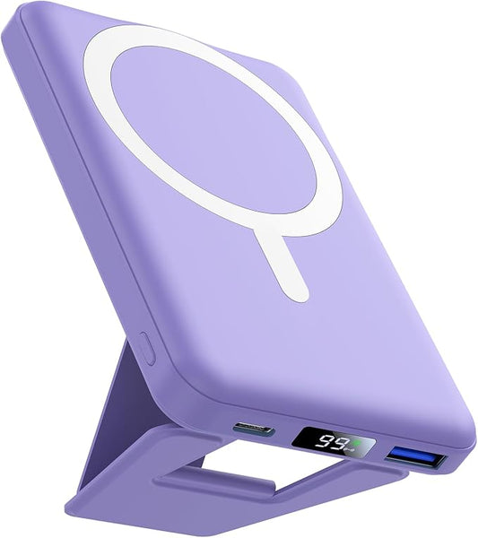 AOGUERBE for Magsafe Power Bank, 10000mAh Foldable Magnetic Battery Pack with LED Display, 3 in 1 Wireless Portable Charger with 22.5W Fast Charging for iPhone 17/16/15/14/13/12 Series-Lilac