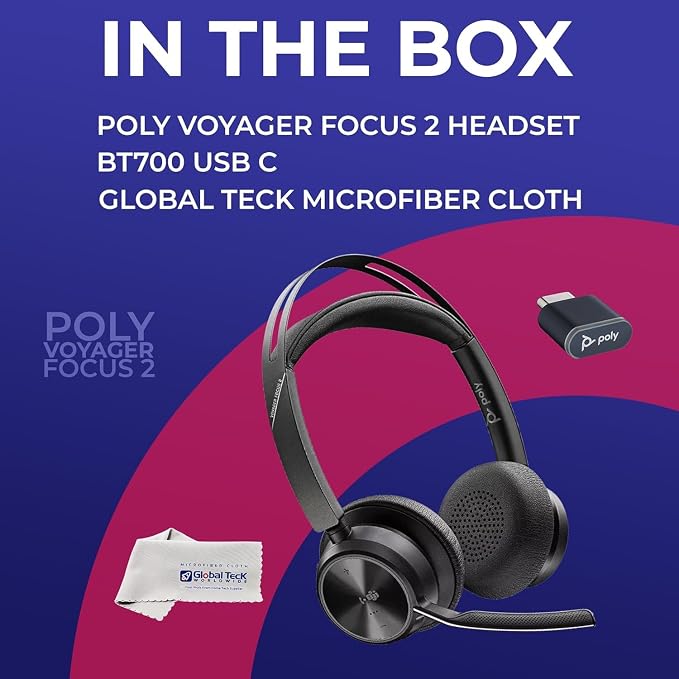 Poly Plantronics Voyager Focus 2 MS, Stereo Bluetooth Headset, USB-C for Teams, Connects to Laptop and Smartphone - Works with Zoom, RingCentral, 8x8, Vonage - w/USB C/A Adapter and GTW Cloth