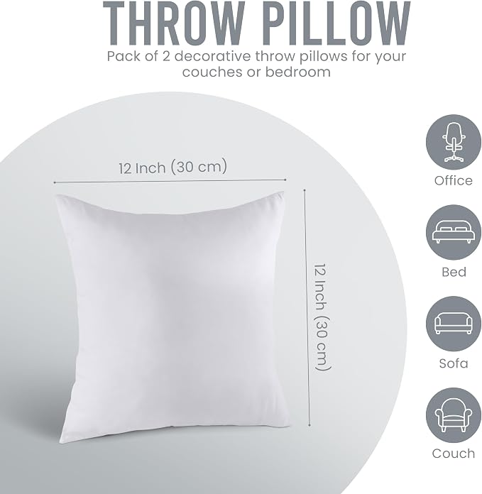 Utopia Bedding 12x12 Pillow Inserts, Set of 2, White – Indoor Decorative Throw Pillows for Bed, Sofa & Couch – Soft, Supportive & Fluffy Cushion Inserts