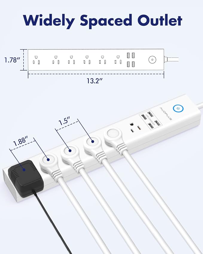 15 Ft Power Strip Surge Protector, 6 Outlets and 4 USB Ports, Flat Plug Power Strips Long Extension Cord with Overload Protection, Wall Mount for Home, Office, Dorm, ETL Listed