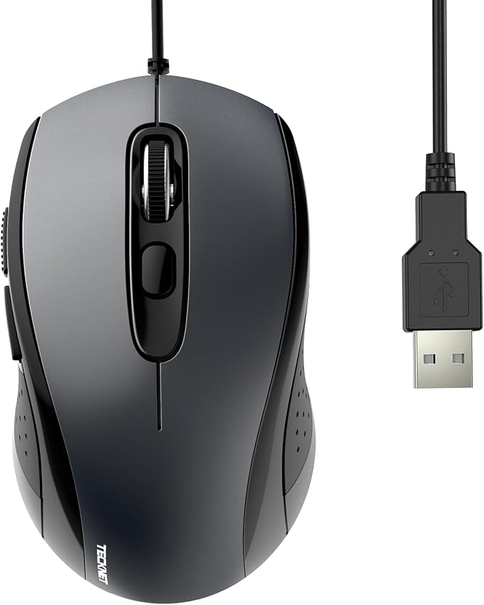 TECKNET Computer Wired Mouse, USB Mice for Laptop with 6-Button, 3600DPI Optical PC Wired Mouse, Home and Office 5FT USB-A Corded Comfortable Mice, Plug & Play, NO Battery Required- Light Grey