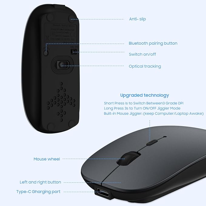 SUNGI Bluetooth Mouse,Wireless Slim Silent Mouse Jiggler Rechargable Mouse for iPad/MacBook/Tablet/PC/Cellphone,Gray