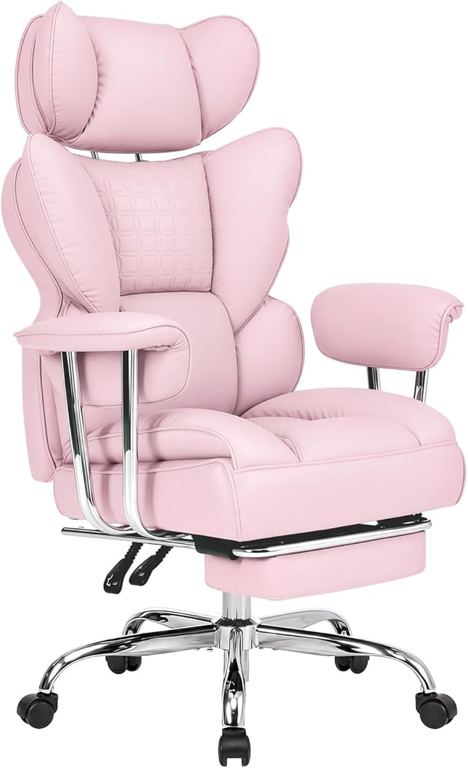 DUMOS Big and Tall Office Chair 350 LBS, Scratch-Resistant PU Leather Executive Office Desk Chair with Footrest, Ergonomic Reclining Computer Chair with Pocket Spring Support for Home Office, Pink