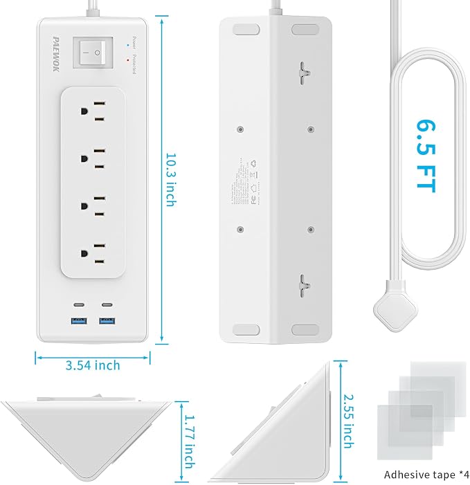 Electrical Outlet Extender with USB C, Flat Wall Plug Extension Cord with 4 Sockets, Surge Protector Power Strip 15 Amps/1200 Joules, 6.5 Ft Multi-Plug Extension Cable for Home Office Dorm, White
