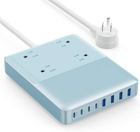 200W Charging Station,12-in-1 USB C Power Strip with Flat Plug and 5ft Extension Cord,4 AC Outlets,4 USB-A,4 USB-C Ports for iPhone 17/16/15,65W PD Fast Laptop Charger for MacBook,Home,Dorm(Sky Blue)