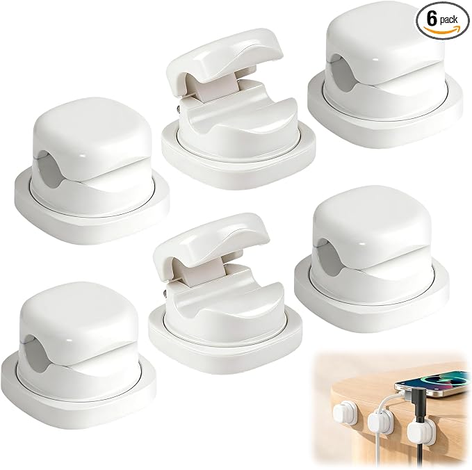6Pcs Magnetic Cord Organizer Holder,Cord Holder for Nightstand,360° Rotatable Spring Cable Management,Adhesive Wire Cable Clips Management Kit for Phone Charger,Computer,Office,Desk,Nightstand (White)