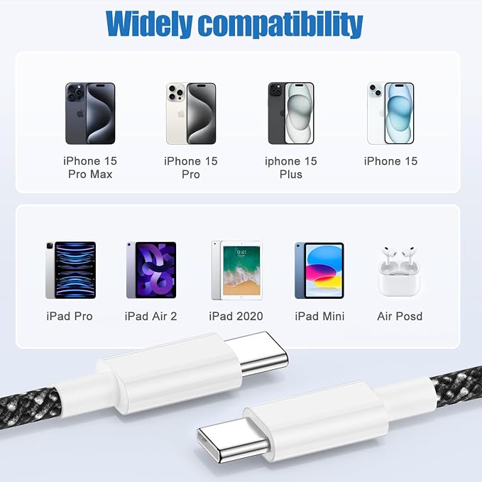 USB C to C Charging Cable 10ft, 60W Fast Type C to C Charger Cord Long for Apple iPhone 17 Pro Max/17 Air/16 Pro Max/15 Plus, MacBook Pro 2021/2020/2019,iPad 12.9/11 inch/Mini/Air 5/4,Samsung Galaxy