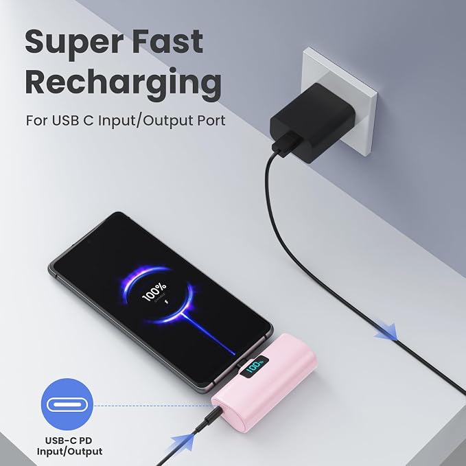 [2-Pack]Portable Charger for iPhone 16/15 Series,5200mAh PD USB C Power Bank Built-in USB-C Connector,Battery Pack Compatible with iPhone 16/16 Plus/16 Pro/16 Pro Max/15 Series,Android (Pink+Blue)
