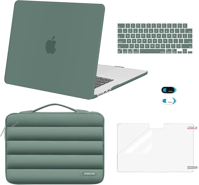 MOSISO Compatible with MacBook Air 15 inch Case M5 2026 M4 2025 M3 2024 M2 2023 A3448 A3241 A3114 A2941, Plastic Hard Shell Case&Puffy Sleeve Bag&Keyboard Skin&Webcam Cover&Screen Film, Emerald Green
